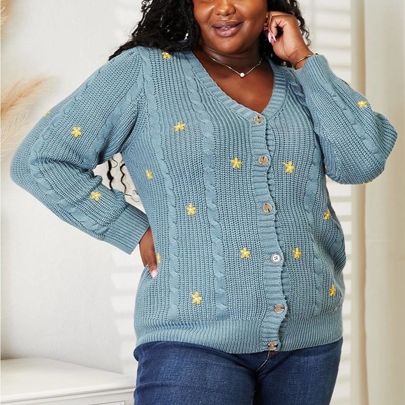 NEW HEYSON PLUS + REG SIZE Floral Embroidered Chunky Cable Knit Cardigan Sweater - Picture 1 of 12